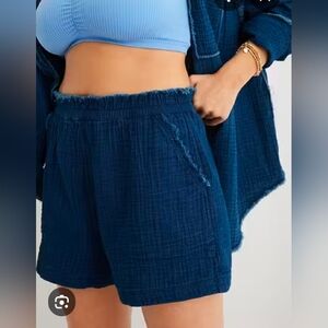 Aerie Gauzy Cotton Blue Denim-look High Waist Shorts XL